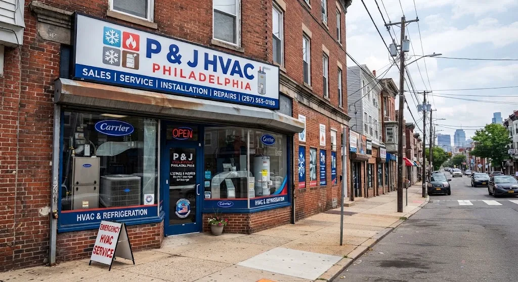 HVAC technician servicing an air conditioning system at a Philadelphia home